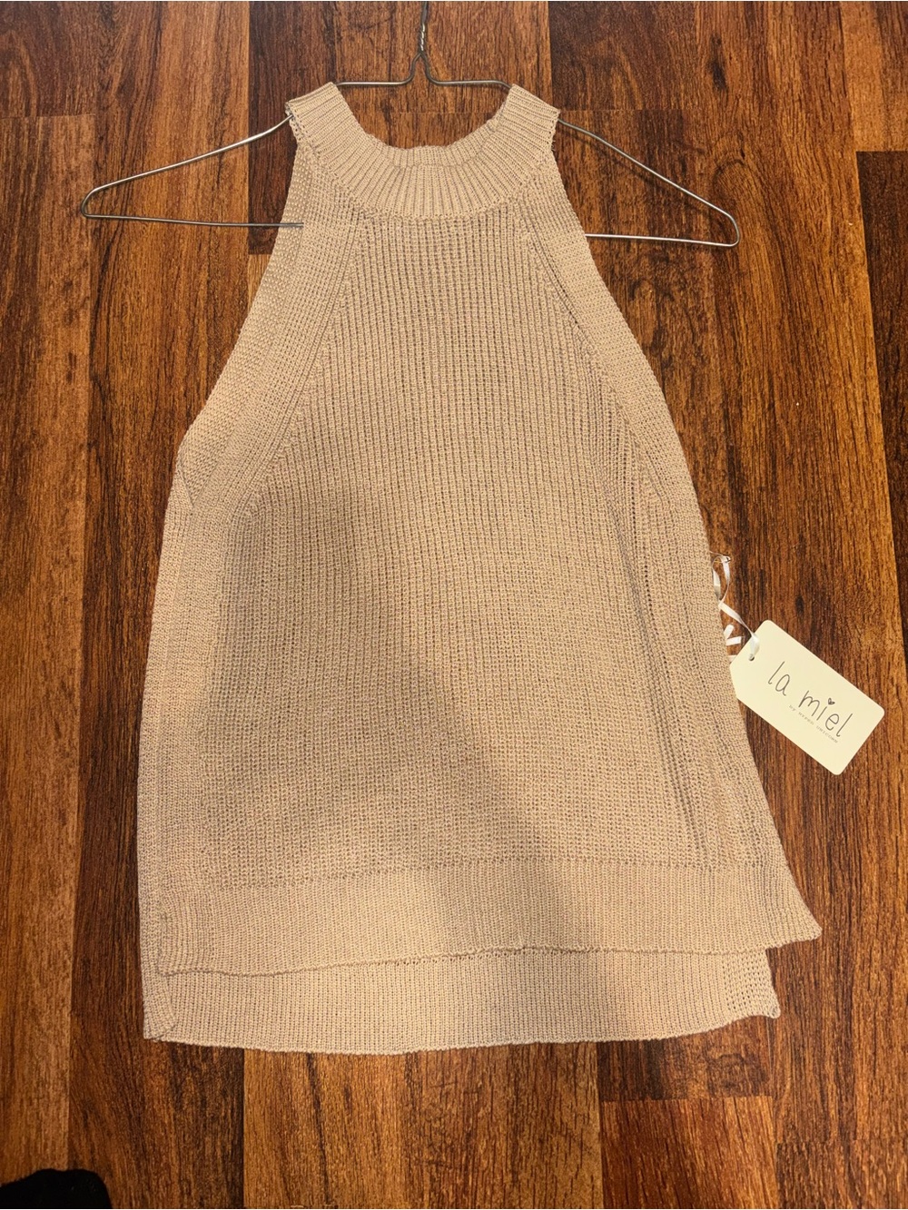 LA MIEL Beige Off-the-Shoulder Knit Halter Sweater Tank